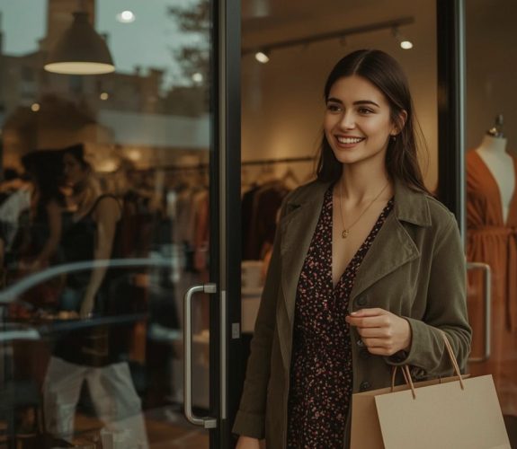 Lucid_Realism_A_smiling_woman_exiting_a_boutique_with_a_small__3